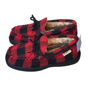 Norty Red & Black Moccasin Slip on Fleece Buffalo Check Slippers Size 11 Boy new